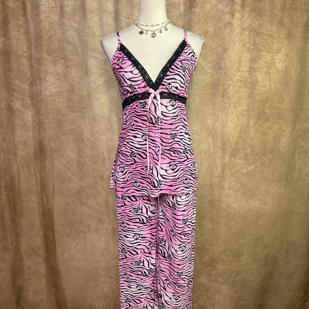 Marilyn Monroe Zebra Animal Print Pajama Set Pink Lace Cami Vintage Y2K McBling